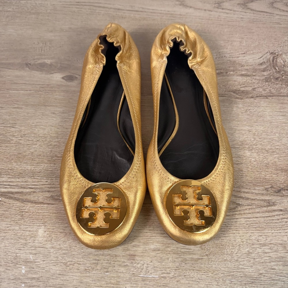 Tory Burch Minnie Ballet Flats Metallic Leather Gold Womens 9.5